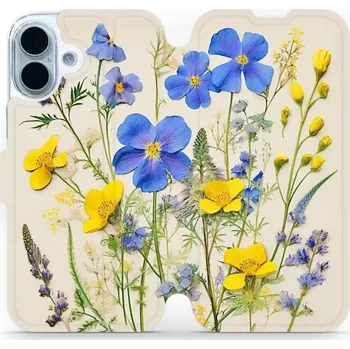 Pouzdro na mobilní telefon Flipové pouzdro Mobiwear - Apple iPhone 17 - VP41S Modré a žluté kvítky (Knížkové flip pouzdro, obal, kryt na mobil Apple iPhone 17 - VP41S Modré a žluté kvítky, materiál Umělá kůže + TPU - ochrana 360°, stojánek, silikonová vanička, magnetické zavírání)