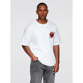 Pánské bavlněné tričko s aplikací šperků na hrudi - smetanově bílé V2 OM-TSCT-0290 - L