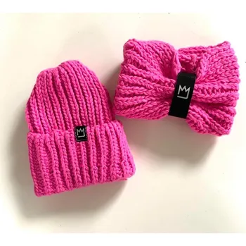 Čepice Vlněný set čepice a nákrčníku neonově růžový