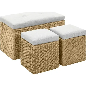 Lavice se 2 pufami, set upletený z mořské trávy, šedá