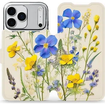 Pouzdro na mobilní telefon Flipové pouzdro Mobiwear - Apple iPhone 17 Pro Max - VP41S Modré a žluté kvítky (Knížkové flip pouzdro, obal, kryt na mobil Apple iPhone 17 Pro Max - VP41S Modré a žluté kvítky, materiál Umělá kůže + TPU - ochrana 360°, stojánek, silikonová vanička,)