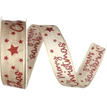 Stuha Stuha vánoční MERRY CHRISTMAS GRAY šedá 25mm x 2m (6,-Kč/m) (Stuha vánoční, bavlněná, šedá, plastický jednostranný potisk, s drátkem v lemu)