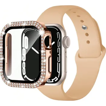 Příslušenství k chytrým hodinkám Sada Ochranný kryt s kamínky + silikonový řemínek Apple Watch 10 42mm Barva: Oříšková, Typ: 14