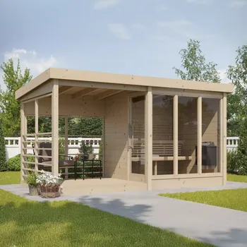 Exteriérová sauna ze skandinávského smrku EMMI s terasou - INM-EMMI-1-2