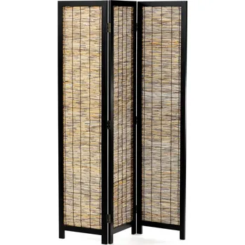 Paraván 3dílný paravan KEIKO — dřevo, ratan, černá / přírodní