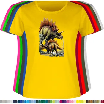 Dámské tričko damske-levne-bavlnene-tricko-digitalni-potisk-dinosaurus-stegosaurus Barva: Yellow - žlutá, velikost: M
