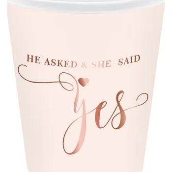 Party nádobí Party Pal Papírové kelímky, He asked & She said yes, růžová, 220ml, 6ks