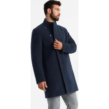 Pánský trenčkot Pánský kabát s asymetrickým zapínáním a vysokým límcem – tmavě modrý V3 OM-COWC-0141