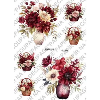 Umělecký papír Rýžový a soft papír na decoupage - Květiny bordo - KB01675 Materiál: Soft, Rozměr: A4