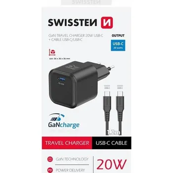 SWISSTEN SÍŤOVÝ ADAPTÉR GaN 1x USB-C 20W POWER DELIVERY ČERNÝ + KABEL