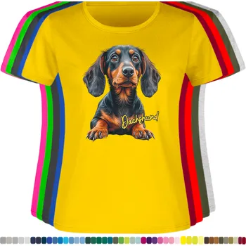 Dámské oblečení damske-levne-bavlnene-tricko-digitalni-potisk-pes-jezevcik Barva: Yellow - žlutá, velikost: S