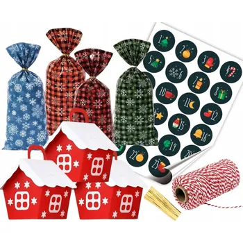 Vánoční dekorace Adventní kalendář SÁČKY domečky KOMPLET dárek Vánoce 24 kusů