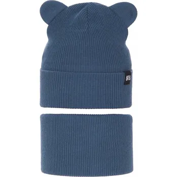 Čepice Džínová souprava jaro/podzim: ČEPICE s oušky + NÁKRČNÍK žebrovaný, medvídek, vel. 46-50