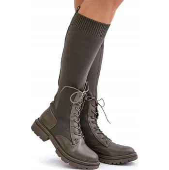 Dámské kozačky NAZOUVACÍ KOZAČKY SE STŘÍŠKOU A ŠNĚROVÁNÍM TMAVĚ ZELENÉ 38