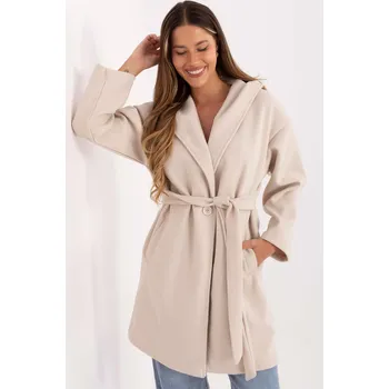 Kabát s kapucí a nařasením v pase model 58700 světlý béžový