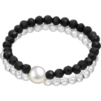 Prsten Dvojitý stříbrný korálkový prsten černý Achát s perlou Velikost: 5-6/49-52 Ag 925/1000