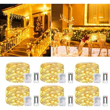 Vánoční osvětlení 6x DRÁTKOVÉ SVĚTELNÉ ŘETĚZY 10M 100 LED MIKRO NA BATERIE bílá teplá