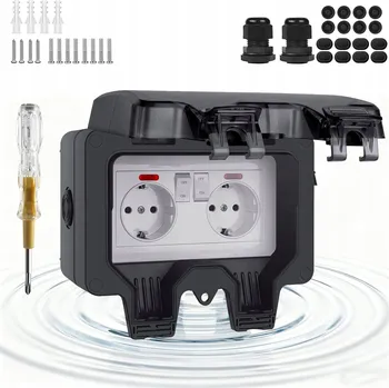 Elektrická zásuvka DVOJITÁ VENKOVNÍ ZÁSUVKA ELEKTRICKÁ ZAHRADNÍ VODOTĚSNÁ IP66 ČERNÁ