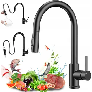 Vodovodní baterie KUCHYŇSKÁ DŘEZOVÁ BATERIE 360° ČERNÁ STOJÍCÍ s FLEXIBILNÍ RAMÍNKO