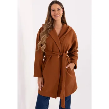 Dámský kabát Kabát s kapucí a nařasením v pase model 58700 hnědý
