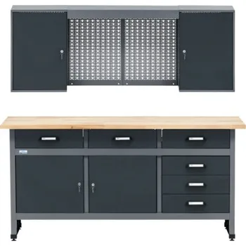 Dílenský stůl Dílenská sada Küpper 1700 x 840 x 600 mm, pracovní stůl, nástěnná skříňka a perforované stěny, šedá antracit