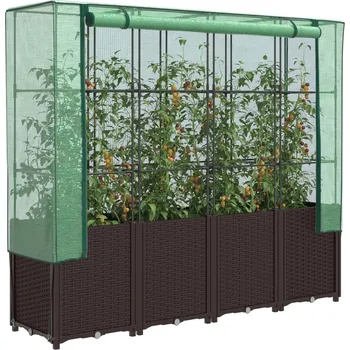 Vyvýšený záhon OMAXI Vyvýšený záhon se skleníkem ratanový vzhled 160 x 40 x 153 cm 310057