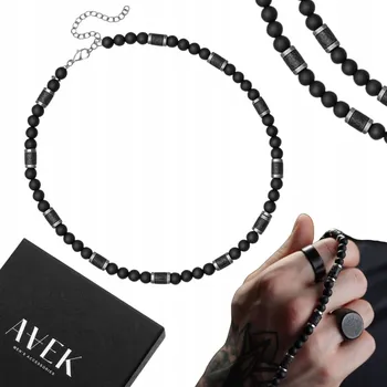 Náhrdelník Pánský korálkový náhrdelník černý stříbrný z onyxu, nastavitelný 47 cm