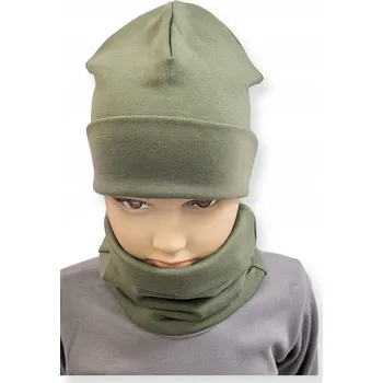 Čepice Sada ČEPICE + NÁKRČNÍK dětská souprava velikost 52-56 dvojitá OLIWOVÁ (olivová)