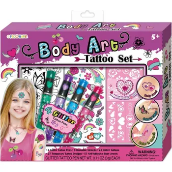 Odstranitelné tetování Tetovací studio třpytivé dětské set se 4 tetovacími pery a šablonami | 65554
