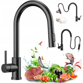 Vodovodní baterie ČERNÝ VÝSUVNÝ KRAN KUCHENNY SE 2 REŽIMY PROUDU G3/8 60 CM