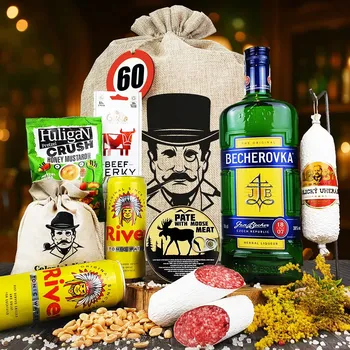 Dárkový potravinový koš Persi - Dárkové balení s becherovkou pro muže | Dárkový koš s Becherovkou v dárkovém pytli s visačkou