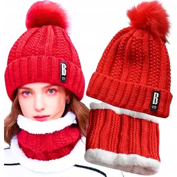 Čepice NÁKRČNÍK zimní ČEPICE zateplená sada čepice a šály s bambulkou, červená