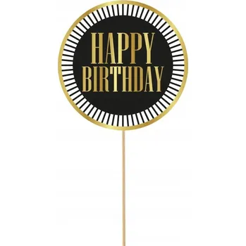 Jedlá dekorace na dort Zápich do dortu Happy Birthday černé proužky 20 cm