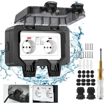 Elektrická zásuvka DVOJITÁ VENKOVNÍ ELEKTRICKÁ ZÁSUVKA ZAHRADNÍ VODOTĚSNÁ IP66