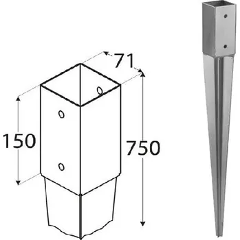 Tesařské kování DOMAX PSG nabíjecí patka sloupku Žárový zinek (ZNO) PSG 70/550 - 71 x 150 x 750 x 1.8 mm (20 ks)