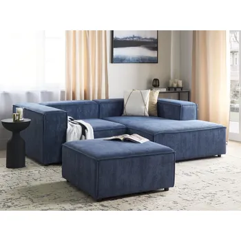 Pohovka 3místná modulární rohová pohovka modrá manšestrové čalounění levostranná černé nohy s taburetem moderní styl obývací pokoj Beliani