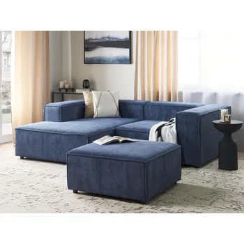 Pohovka 3místná modulární rohová pohovka tmavě modrá manšestrové čalounění pravostranná černé nohy s taburetem moderní styl obývací pokoj Beliani