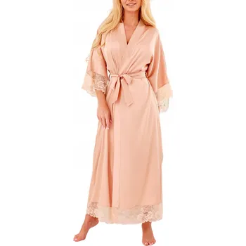 Dámský župan Župan Saténový saténový župan Sumatra S Béžová Nude Mono Dlouhá krajka