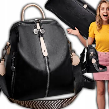 Městský batoh Plecak damski czarny skórzany elegancki školní z eko kůže městský labutě