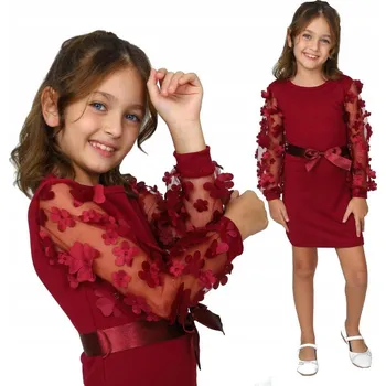 Dámské šaty ŠATY ELEGANTNÍ UZKE POUZDROVÉ TYLOVÉ RUKÁVY 3D KVĚTY bordó 4/5 H107L