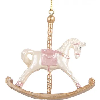 Vánoční ozdoba Závěsná vánoční ozdoba houpací koník s růžovým sedlem – 8x2x7 cm