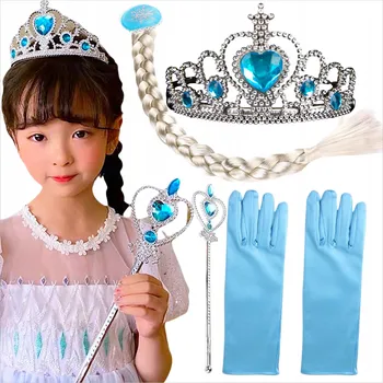 Karnevalový kostým LEDOVÉ KRÁLOVSTVÍ SADA ELSA PRINCEZNA 4v1 RUKAVICE KORUNKA HŮLKA KOSTÝM