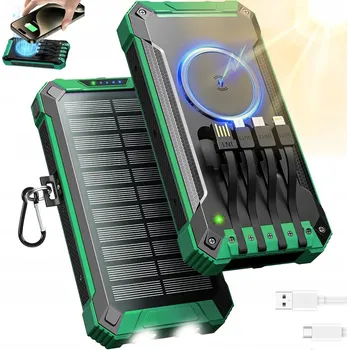 Powerbanka SOLÁRNÍ POWERBANKA 4 VESTAVĚNÉ KABELY 3 PORTY BEZDRÁTOVÉ NABÍJENÍ