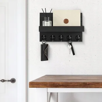 Věšák DŘEVĚNÝ VĚŠÁK S POLICÍ A 5 HÁČKY NA ZEĎ NA KLÍČE OBLEČENÍ DO PŘEDSÍNĚ