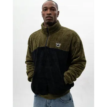 Pánská mikina MIKINA Sherpa Na Zip Do Půlky Medvídek Pánská Oversize Olivová Jigga XL