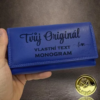 Dámská modrá peněženka TILLBERG s monogramem, textem nebo fotkou Vyberte variantu: bez jakékoliv úpravy + Akce - zlatá mince Pro štěstí ZDARMA