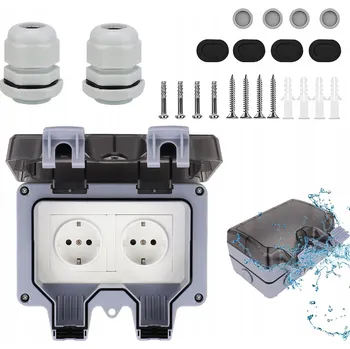 Elektrická zásuvka DVOJITÁ VENKOVNÍ ZÁSUVKA ELEKTRICKÁ ZAHRADNÍ VODOTĚSNÁ IP66 ODOLNÁ