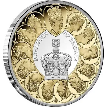 Exkluzivní stříbrná mince Monarchs of Britain (Britští monarchové) 1 Oz 2025 Gilded PROOF