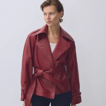 Dámský kabát Reserved - Kožená bunda s límcem - červená - 039GR-33X - 039GR-33X-XL