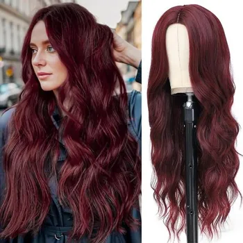 Čelenka PORSMEER Dlouhé vlnité vínové červené paruky pro ženy Paruky ze syntetických kudrnatých vlasů